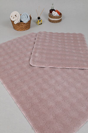 Modern Bubble Yıkanabilir Kaymaz Peluş Banyo Paspası Halısı 2'li Klozet Takımı 50x80-50x40cm Pembe