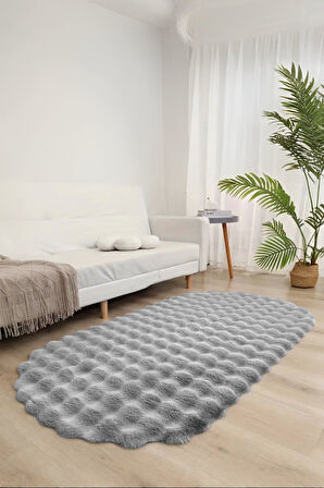 Bubble Oval Yumuşak Peluş Kaymaz Salon Oturma Odası Balkon Halısı Yolluk Gri