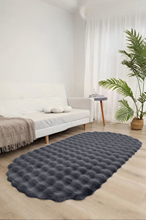 Bubble Oval Yumuşak Peluş Kaymaz Salon Oturma Odası Balkon Halısı Yolluk Antrasit