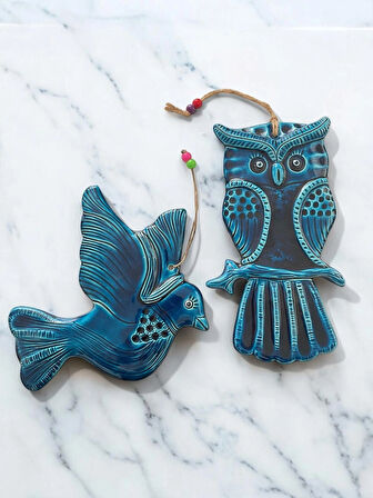 Dekoratif Büyük Boy 2 Adet El Yapımı Farklı Güvercin ve Baykuş Tasarımlı Kapı - Duvar - Bahçe Süsü