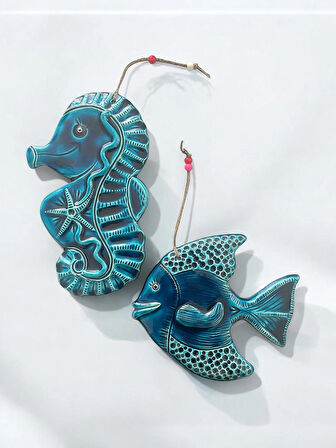 Dekoratif 2 Adet El Yapımı Farklı Denizatı ve Balık Tasarımlı Kapı - Duvar - Bahçe Süsü