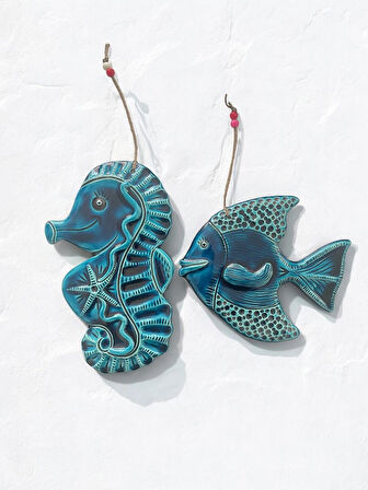 Dekoratif 2 Adet El Yapımı Farklı Denizatı ve Balık Tasarımlı Kapı - Duvar - Bahçe Süsü