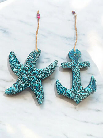 Büyük Boy 2 Adet El Yapımı Farklı Çapa ve Deniz Yıldızı Tasarımlı Kapı - Duvar - Bahçe Süsü