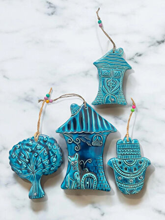 Dekoratif 4 Adet Fatma Ana Eli, Ev ve Ağaç Tasarımlı Kapı - Duvar - Bahçe Süsü