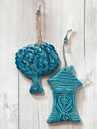 Dekoratif 2 Adet El Yapımı Farklı Ağaç ve Ev Tasarımlı Kapı - Duvar - Bahçe Süsü