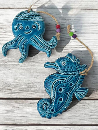 Dekoratif 2 Adet El Yapımı Farklı Ahtapot ve Deniz Atı Tasarımlı Kapı - Duvar - Bahçe Süsü