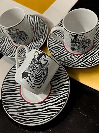 Dekoratif Şık Tasarım Siyah Beyaz Zebra Motifli 3 Kişilik Kahve Fincan Seti