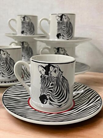 Dekoratif Şık Tasarım Siyah Beyaz Zebra Motifli 6 Kişilik Kahve Fincan Seti