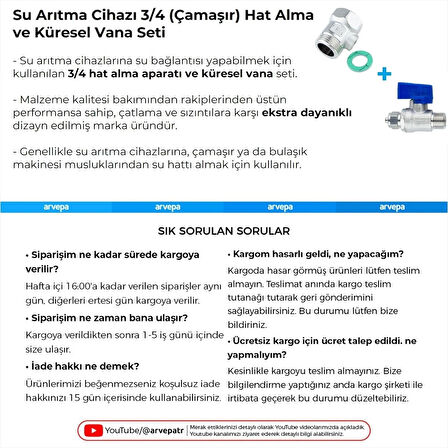 Su Arıtma Cihazı 3/4 (Çamaşır Makinesi) Hat Alma ve Küresel Vana Seti