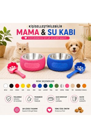 Arvina Atelier Kişiselleştirilebilir İsimli Mama ve Su Kabı | Paslanmaz Çelik Kaplı 15 cm Evcil Hayvan Mama Kabı