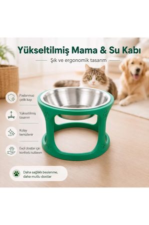 Arvina Atelier Yükseltilmiş Mama ve Su Kabı | Paslanmaz Çelik Kaplı Kedi Köpek Mama Kabı | Kaydırmaz Tabanlı