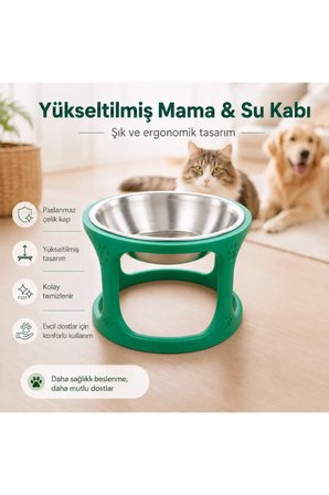 Arvina Atelier Yükseltilmiş Mama ve Su Kabı | Paslanmaz Çelik Kaplı Kedi Köpek Mama Kabı | Kaydırmaz Tabanlı