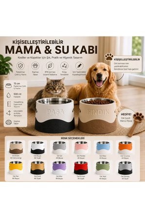 Arvina Atelier Kişiselleştirilebilir İsimli Mama ve Su Kabı | Paslanmaz Çelik Kaplı 15 cm Evcil Hayvan Mama Kabı