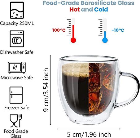 ARVALE Çift Camlı Çift Cidarlı Cam Kupa Ev Ofis Fincanı 250 Ml Çift Katlı Isı Yalıtımlı Kulplu Cam Bardak