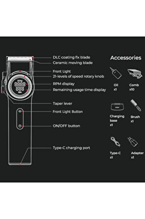 001 Profesyonel Berberler Için Karbon Çelik Bıçak Saç Kesme Makinesi 9000rpm, Led Ekran