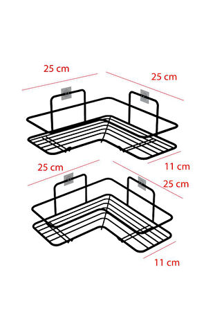 Yapışkanlı 2’li Banyo Köşe Rafı - Siyah Metal Duş Şampuanlık Organizer