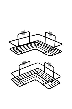 Yapışkanlı 2’li Banyo Köşe Rafı - Siyah Metal Duş Şampuanlık Organizer