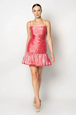 Pileli Balon Etekli İnce Askılı Abiye Elbise