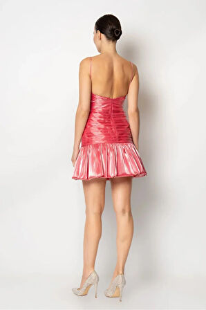 Pileli Balon Etekli İnce Askılı Abiye Elbise