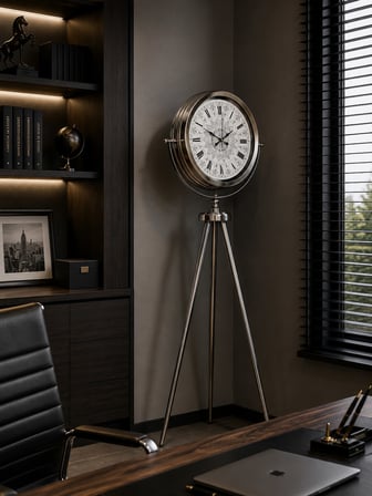Krom Motifli 150 x 45 Cm Metal Tripod Ayaklı Saat