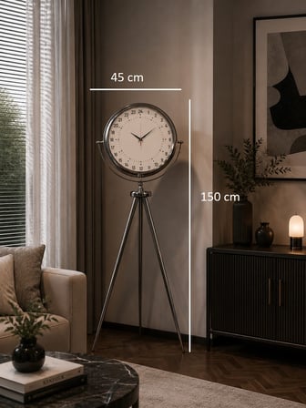 Krom 24 Saat Göstergeli 150 x 45 Cm Metal Özel Tasarım Tripod Ayaklı Saat
