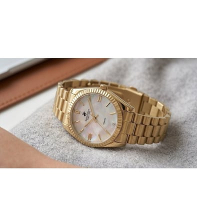 Beverly Hills Polo Club Altın Yuvarlak Kasa Kadın Kol Saati | 36 mm Çelik Kasa, Altın Çelik Kordon, Sedef Kadran