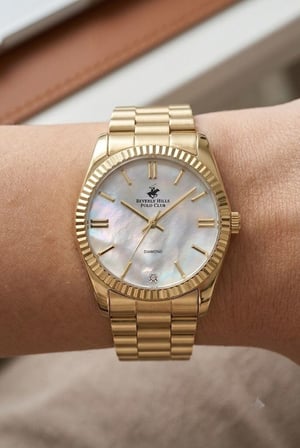 Beverly Hills Polo Club Altın Yuvarlak Kasa Kadın Kol Saati | 36 mm Çelik Kasa, Altın Çelik Kordon, Sedef Kadran