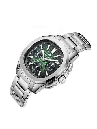Beverly Hills Polo Club Gümüş Yuvarlak Kasa Erkek Kol Saati | 44 mm Çelik Kasa, Gümüş Çelik Kordon, Koyu Yeşil Kadran
