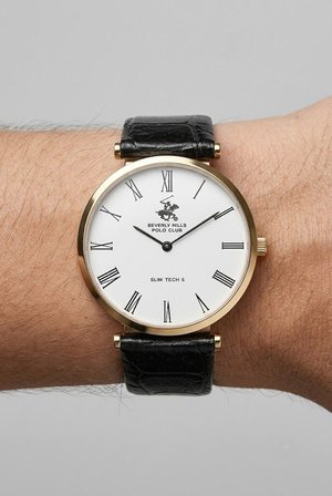 Beverly Hills Polo Club Altın Yuvarlak Kasa Erkek Kol Saati | 39 mm Çelik Kasa, Siyah Deri Kordon, Beyaz Kadran