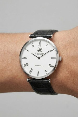 Beverly Hills Polo Club Altın Yuvarlak Kasa Erkek Kol Saati | 39 mm Çelik Kasa, Siyah Deri Kordon, Beyaz Kadran