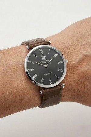 Beverly Hills Polo Club Altın Yuvarlak Kasa Erkek Kol Saati | 39 mm Çelik Kasa, Siyah Deri Kordon, Beyaz Kadran