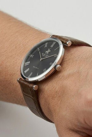 Beverly Hills Polo Club Altın Yuvarlak Kasa Erkek Kol Saati | 39 mm Çelik Kasa, Siyah Deri Kordon, Beyaz Kadran