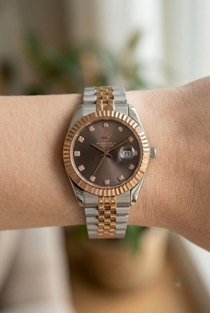 Beverly Hills Polo Club Gümüş-Rose Yuvarlak Kasa Kadın Kol Saati | 30 mm Çelik Kasa, Kahverengi Kadran