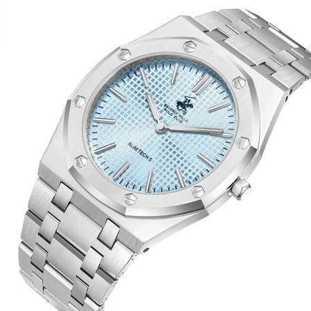Beverly Hills Polo Club Gümüş Geometrik Kasa Erkek Kol Saati | 39 mm Çelik Kasa, Açık Mavi Kadran