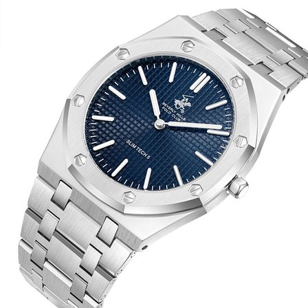 Beverly Hills Polo Club Gümüş Geometrik Kasa Erkek Kol Saati | 39 mm Çelik Kasa, Gümüş Çelik Kordon, Lacivert Kadran
