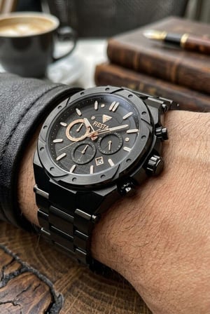 Fiesta Siyah Spor Erkek Kol Saati |  46 mm Çelik Kasa, Çelik Siyah Kordon, Safir Cam, 5ATM Su Geçirmez