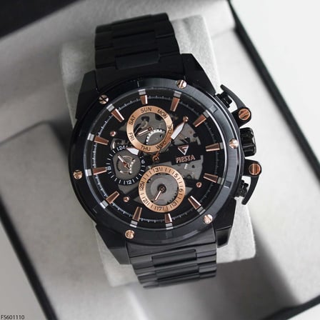 Fiesta Siyah Erkek Kol Saati | 48 mm Siyah Çelik Kasa, Siyah Çelik Kordon, Safir Cam