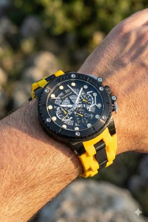 Quantum 50mm, Kronograf Erkek Kol Saati | Paslanmaz Çelik Kasa, Sarı Silikon Kordon, Safir Cam, 10 ATM