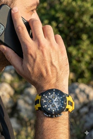 Quantum 50mm, Kronograf Erkek Kol Saati | Paslanmaz Çelik Kasa, Sarı Silikon Kordon, Safir Cam, 10 ATM