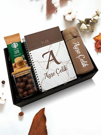 Kişiye Özel Telli Defter & Kılıflı Matara & Bambu Kapaklı Kavanozda Draje & Starbucks Premium Kahve Karışımı Hediye Seti