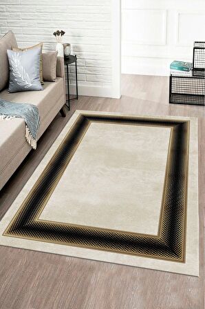 Gold-Siyah Pvc Deri Kaymaz Taban Çerçeve Salon Saçaksız Halı B1301