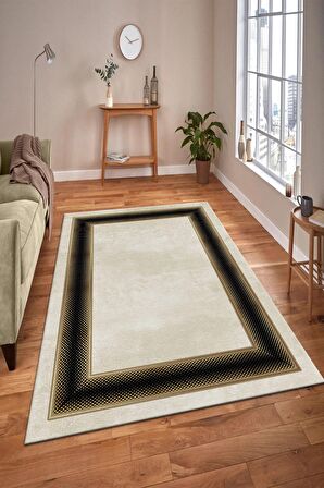 Gold-Siyah Pvc Deri Kaymaz Taban Çerçeve Salon Saçaksız Halı B1301