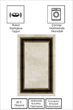 Gold-Siyah Pvc Deri Kaymaz Taban Çerçeve Salon Saçaksız Halı B1301