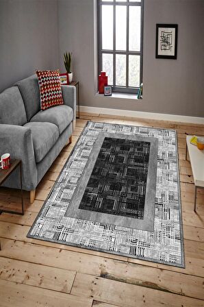 Gri Pvc Deri Kaymaz Taban Modern Salon Saçaksız Halı B1304-01