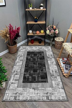 Gri Pvc Deri Kaymaz Taban Modern Salon Saçaksız Halı B1304-01