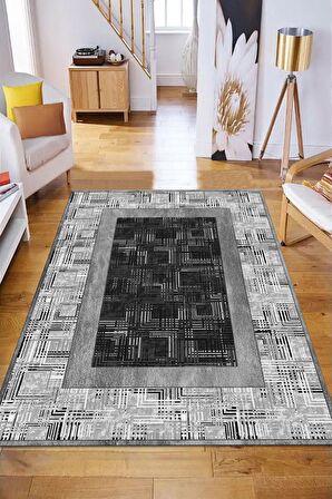 Gri Pvc Deri Kaymaz Taban Modern Salon Saçaksız Halı B1304-01