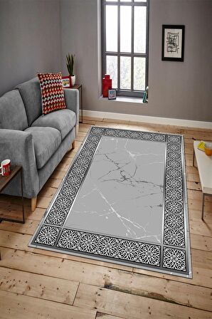 Gri Pvc Deri Kaymaz Taban Modern Salon Saçaksız Halı B1317-1