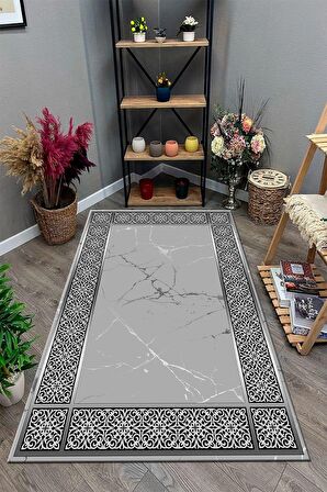 Gri Pvc Deri Kaymaz Taban Modern Salon Saçaksız Halı B1317-1