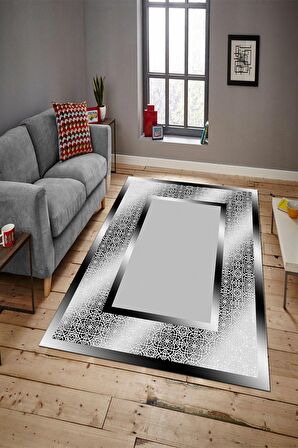 Siyah-Gri Pvc Deri Kaymaz Taban Çerçeve Salon Saçaksız Halı B1327-2