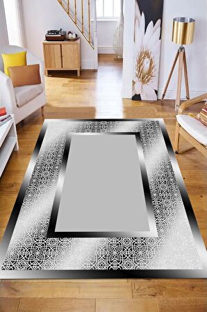 Siyah-Gri Pvc Deri Kaymaz Taban Çerçeve Salon Saçaksız Halı B1327-2